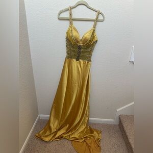 Mac Duggal Gold Embellished Maxi Dress